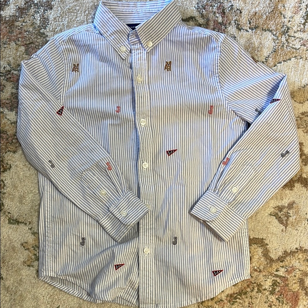 Janie and Jack Blue and White dog varsity Button Down Shirt Classic Fit